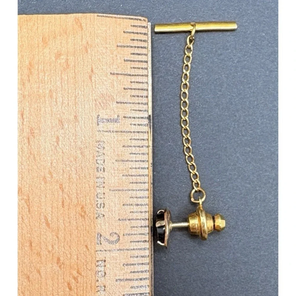 Vintage Black Onyx Tie Tack Chain & Bar Gold Tone Morris Jewelry w/ Original Box